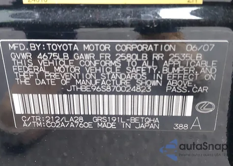 2007 Lexus Gs 350 z USA, uszkodzony, nr VIN JTHBE96S870024823